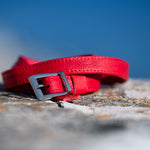 Red belt with a silver buckle on a textured surface with a blurred blue background