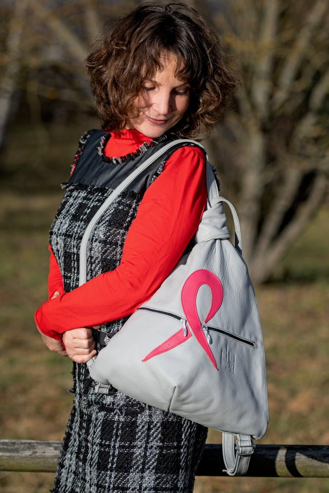 Pink Ribbon grey leather backpack