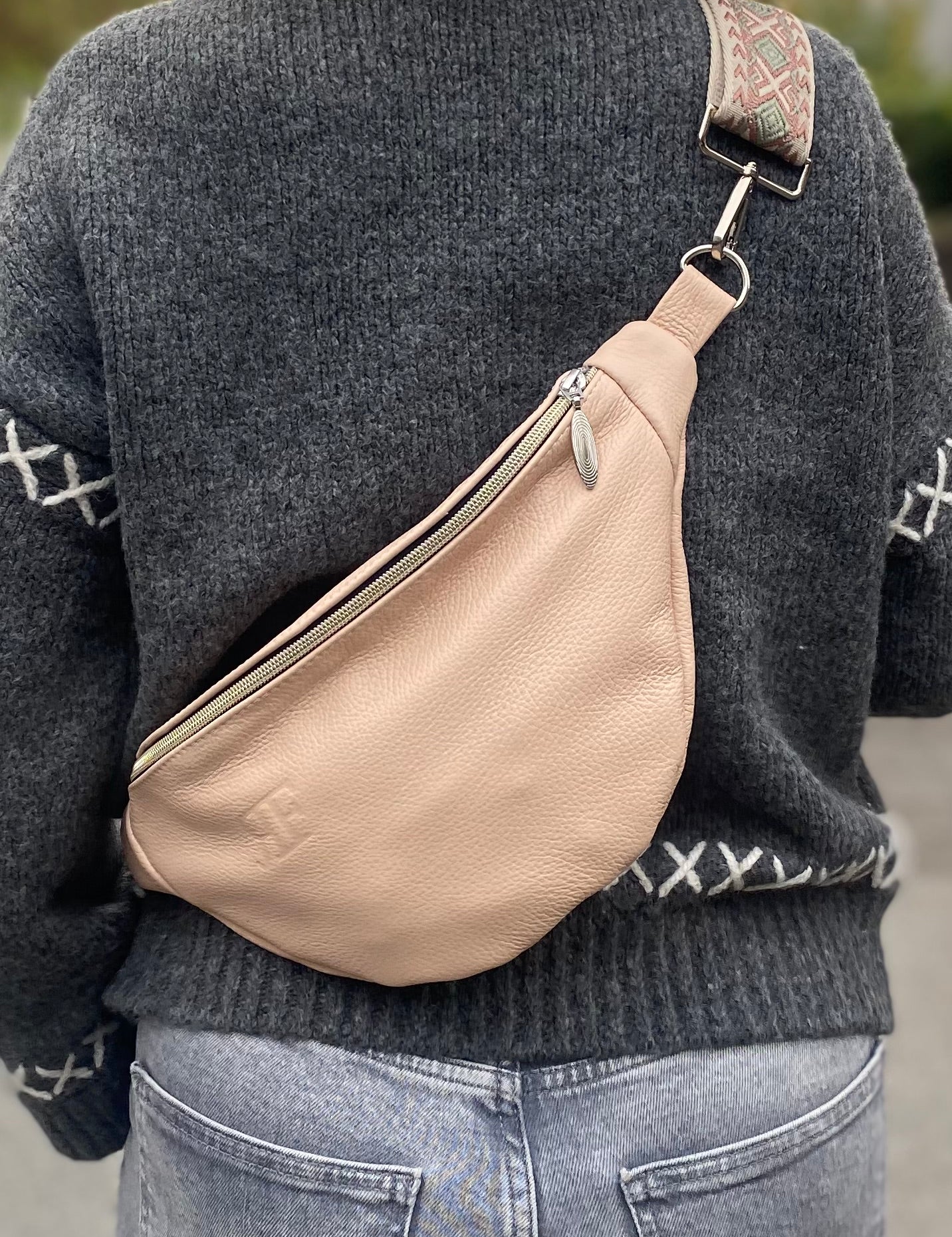 beige handmade fanny bag