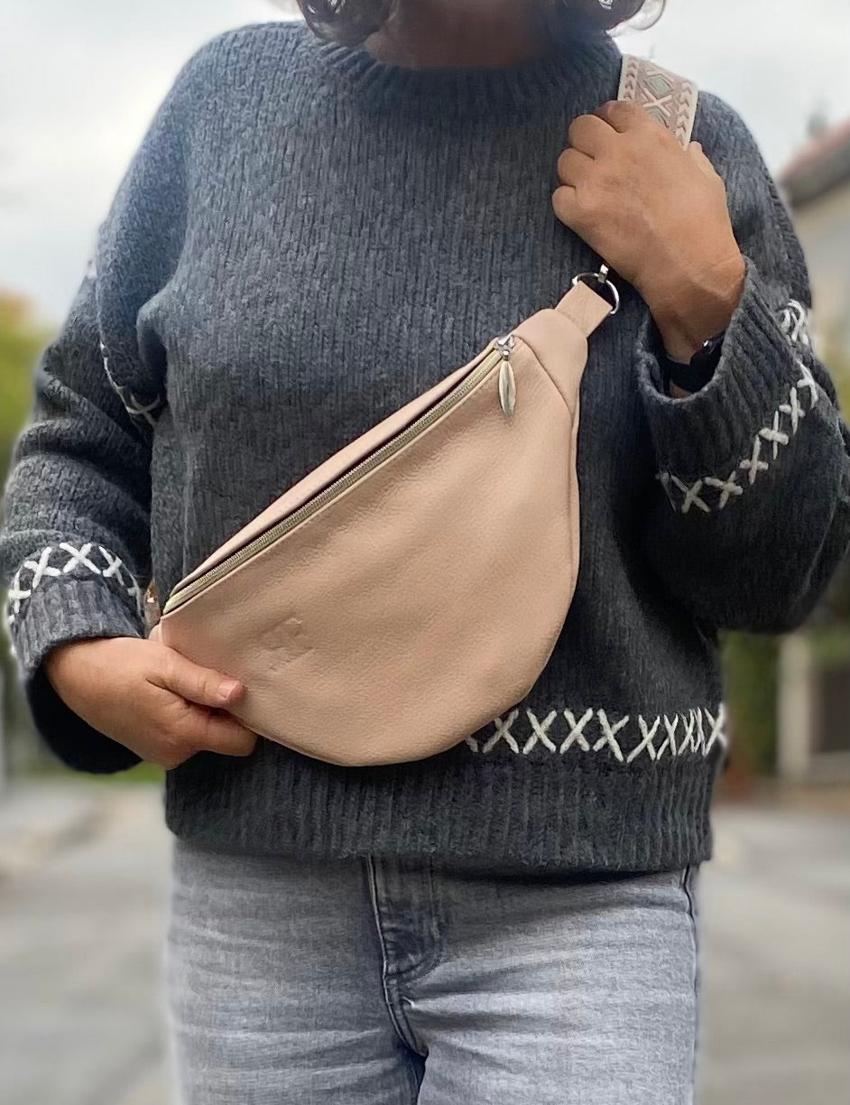 beige handmade leather bum bag