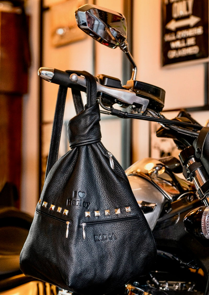 Biker Leather Backpack with Pyramid Studs – Bold Style for the Rock Enthusiast - Radka Sillerova Atelier 