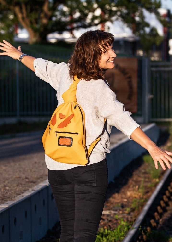 Yellow leather Backpack with Angels Wings